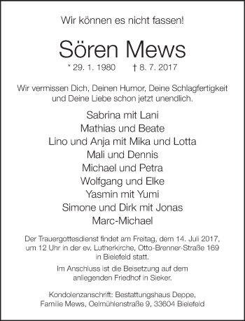 Traueranzeige von Sören Mews von Neue Westfälische