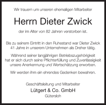 Traueranzeige von Dieter Zwick von Neue Westfälische