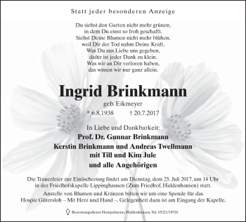 Traueranzeige von Ingrid Brinkmann von Neue Westfälische