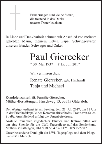 Traueranzeige von Paul Gierecker von Neue Westfälische