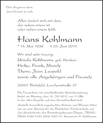 Traueranzeige von Hans Kohlmann von Neue Westfälische