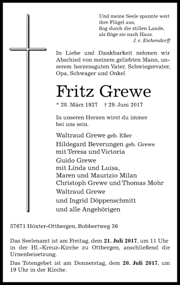 Traueranzeige von Fritz Grewe von Neue Westfälische