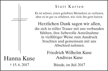Traueranzeige von Hanna Kuse von Neue Westfälische