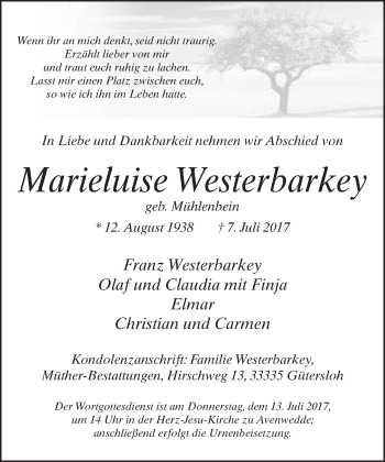 Traueranzeige von Marieluise Westerbarkey von Neue Westfälische