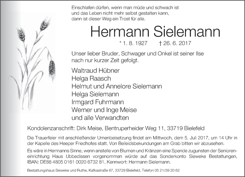  Traueranzeige für Hermann Sielemann vom 01.07.2017 aus Neue Westfälische