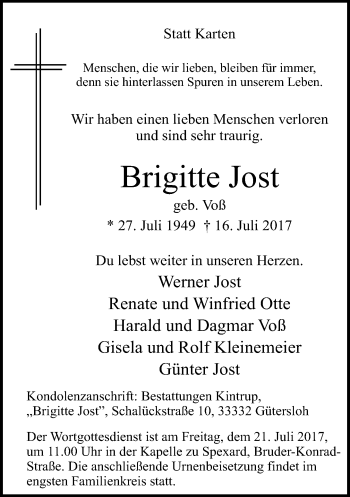 Traueranzeige von Brigitte Jost von Neue Westfälische