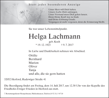 Traueranzeige von Helga Lachmann von Neue Westfälische