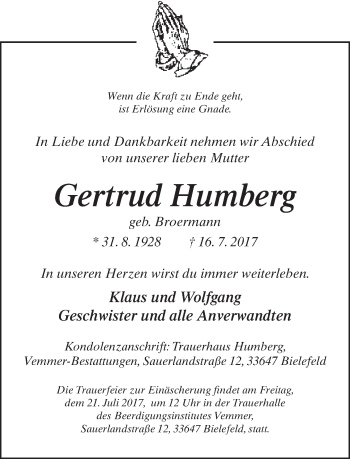 Traueranzeige von Gertrud Humberg von Neue Westfälische