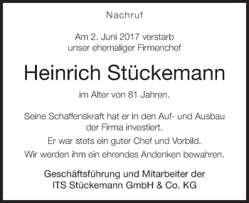 Traueranzeige von Heinrich Stückemann von Neue Westfälische