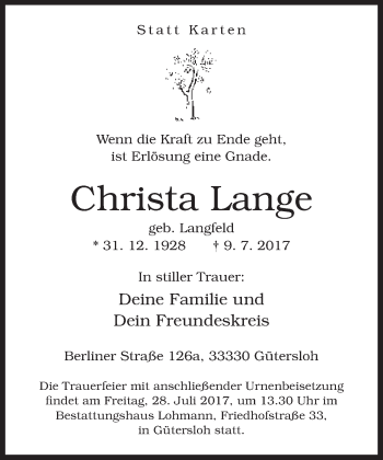 Traueranzeige von Christa Lange von Neue Westfälische
