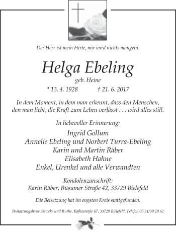 Traueranzeige von Helga Ebeling