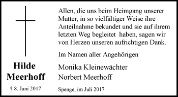 Traueranzeige von Hilde Meerhoff von Neue Westfälische