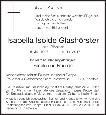 Traueranzeige von Isabella Isolde Glashörster von Neue Westfälische