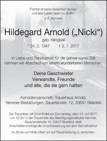Traueranzeige von Hildegard Arnold von Neue Westfälische
