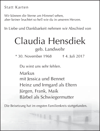 Traueranzeige von Claudia Hensdiek von Neue Westfälische