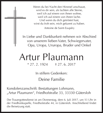 Traueranzeige von Artur Plaumann von Neue Westfälische