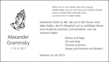 Traueranzeige von Alexander Graminsky von Neue Westfälische