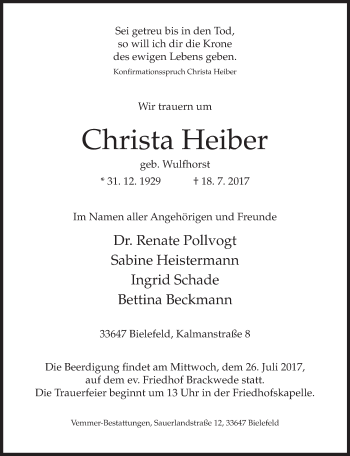 Traueranzeige von Christa Heiber von Neue Westfälische