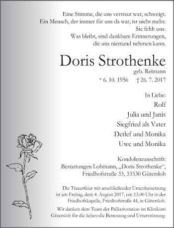 Traueranzeige von Doris Strothenke von Neue Westfälische