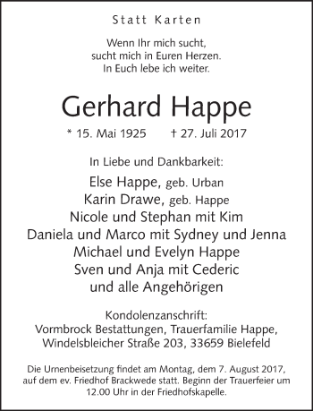 Traueranzeige von Gerhard Happe von Neue Westfälische