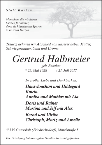 Traueranzeige von Gertrud Halbmeter von Neue Westfälische