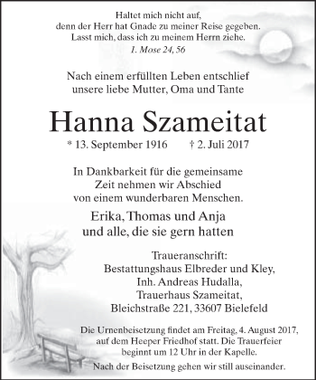 Traueranzeige von Hanna Szameitat von Neue Westfälische