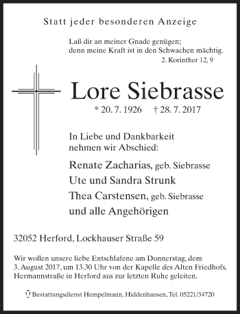 Traueranzeige von Lore Siebrasse von Neue Westfälische