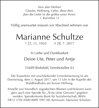 Traueranzeige von Marianne Schultze von Neue Westfälische