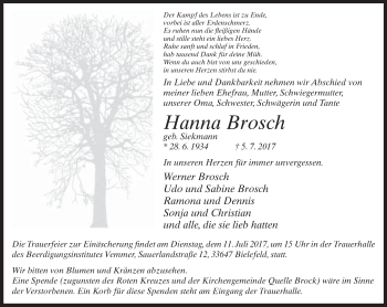 Traueranzeige von Hanna Brosch von Neue Westfälische
