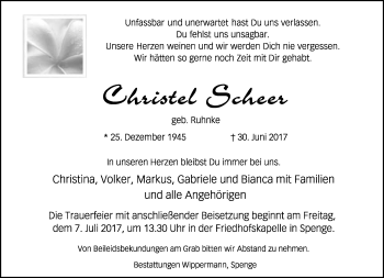 Traueranzeige von Christel Scheer von Neue Westfälische