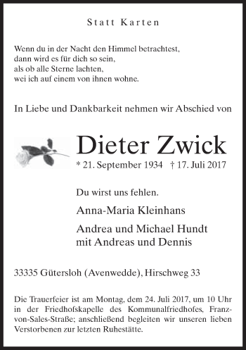 Traueranzeige von Dieter Zwick von Neue Westfälische