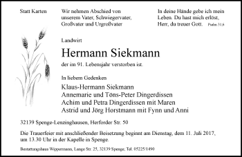Traueranzeige von Hermann Siekmann von Neue Westfälische