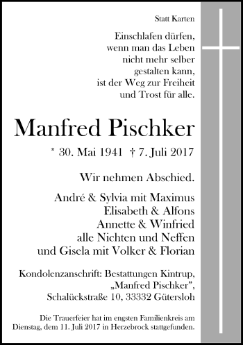 Traueranzeige von Manfred Pischker von Neue Westfälische
