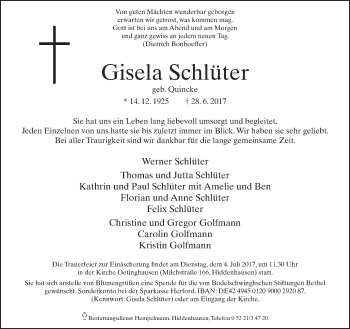 Traueranzeige von Gisela Schlüter von Neue Westfälische