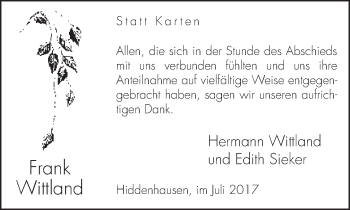 Traueranzeige von Frank Wittland von Neue Westfälische