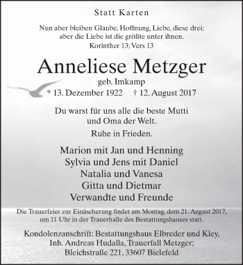 Traueranzeige von Anneliese Metzger von Neue Westfälische