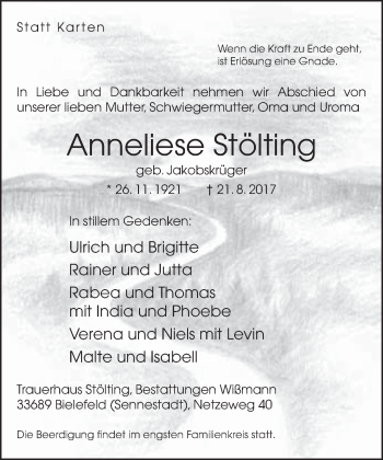 Traueranzeige von Anneliese Stölting von Neue Westfälische