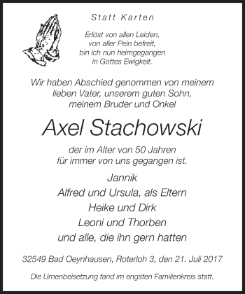 Traueranzeige von Axel Stachowski von Neue Westfälische