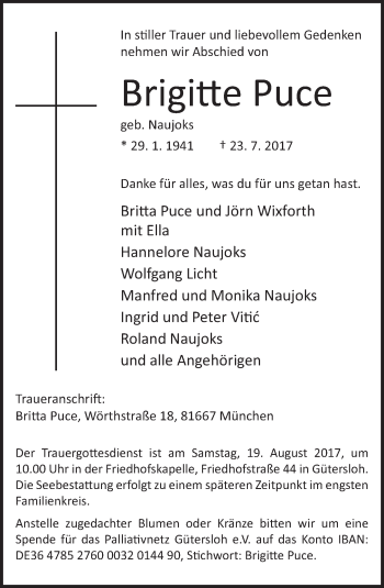 Traueranzeige von Brigitte Puce von Neue Westfälische