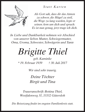Traueranzeige von Brigitte Thiel von Neue Westfälische