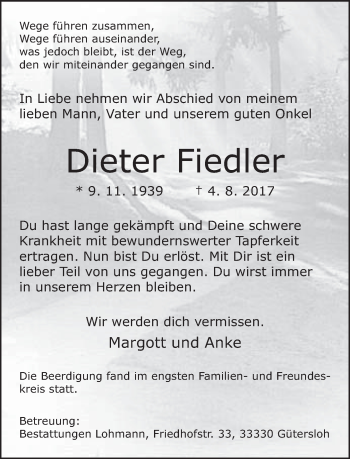 Traueranzeige von Dieter Fiedler von Neue Westfälische