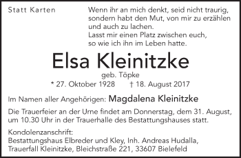 Traueranzeige von Elsa Kleinitzke von Neue Westfälische