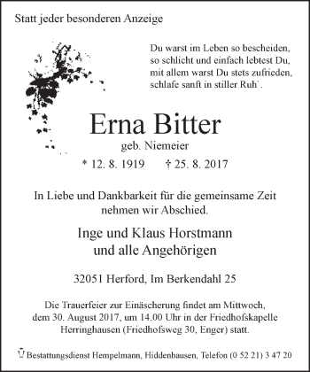 Traueranzeige von Erna Bitter von Neue Westfälische