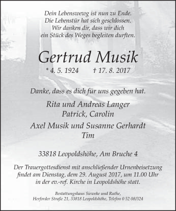 Traueranzeige von Gertrud Musik