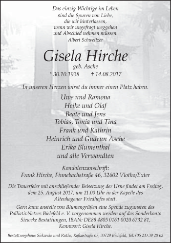 Traueranzeige von Gisela Hirche