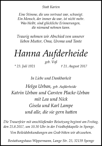 Traueranzeige von Hanna Aufderheide von Neue Westfälische