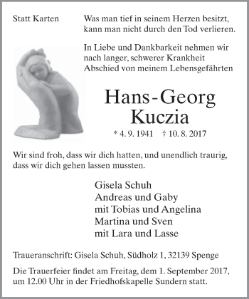 Traueranzeige von Hans-Georg Kuczia von Neue Westfälische