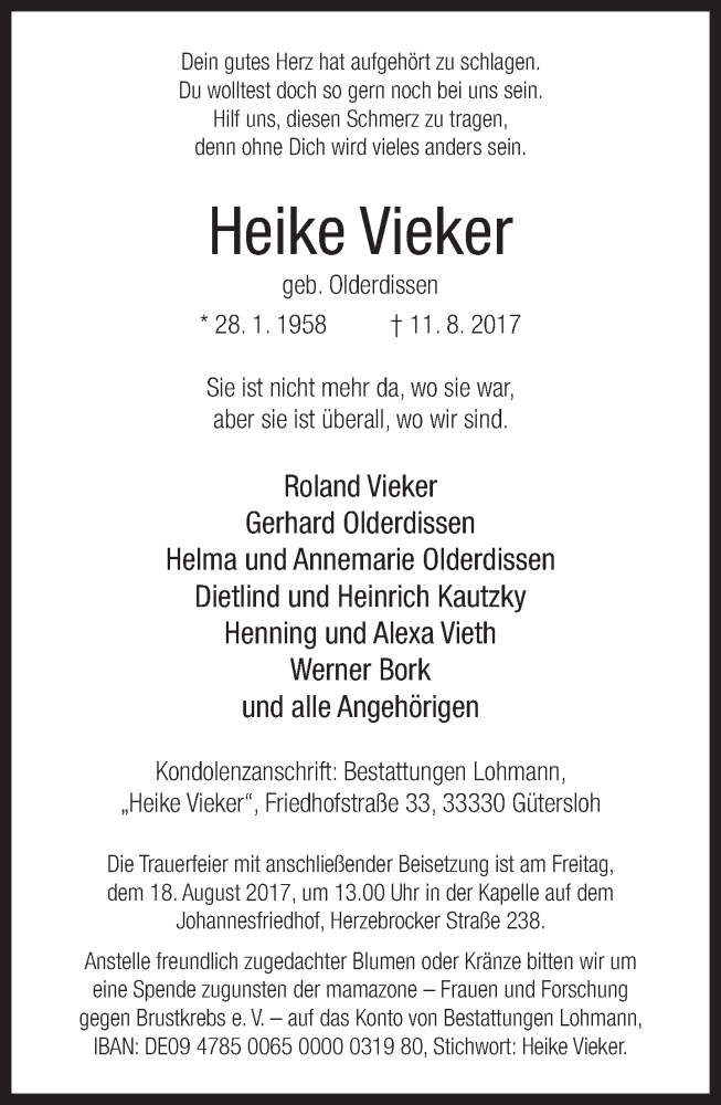  Traueranzeige für Heike Vieker vom 15.08.2017 aus Neue Westfälische