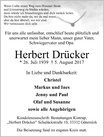 Traueranzeige von Herbert Drücker von Neue Westfälische