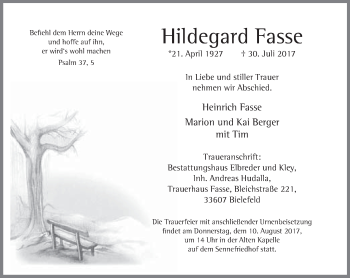 Traueranzeige von Hildegard Fasse von Neue Westfälische